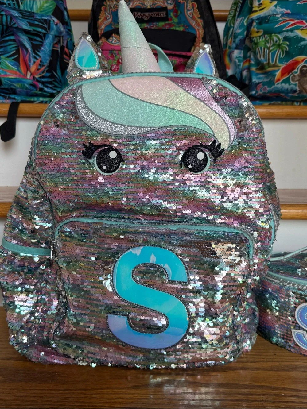 Unicorn Sequin “S” Backpack with Matching “S” Carrying Case/Lunchbox